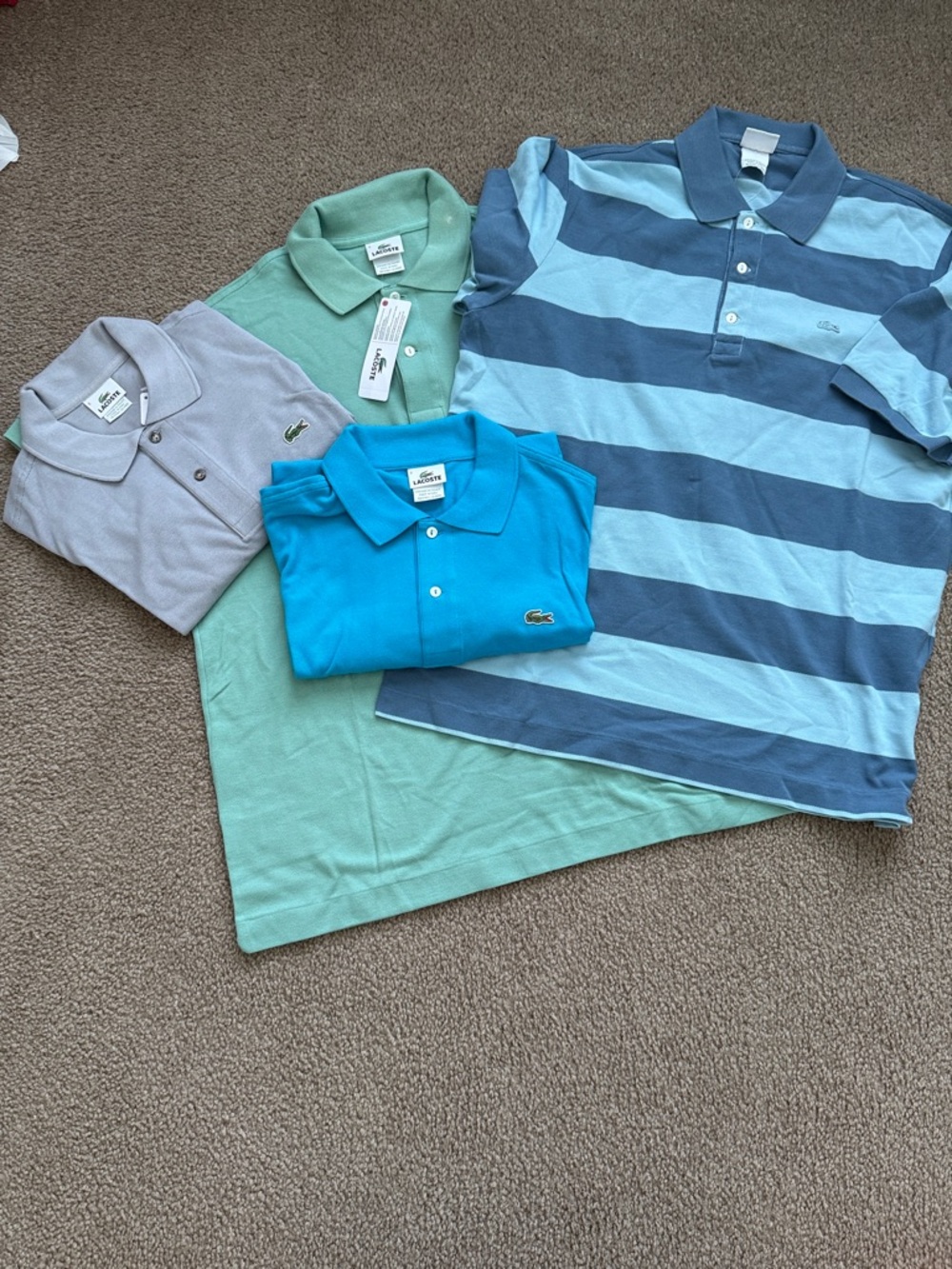 Lacoste Men’s Polo Lot - Aqua, Turquoise, Light Gray & Blue Stripes Size 6